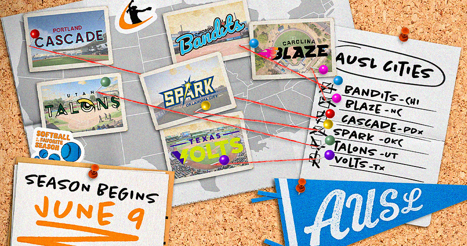 A map with red lines pointing to the Portland Cascade, Utah Talons, Chicago Bandits, Oklahoma City Spark, Texas Volts, and Carolina Blaze