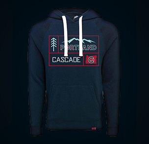Navy hoodie with red and light blue Portland Cascade logo