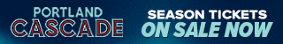 Navy background with Portland Cascade logo and 'Season Tickets on Sale Now'
