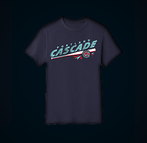 Navy kids tee with light blue and red Portland Cascade logo